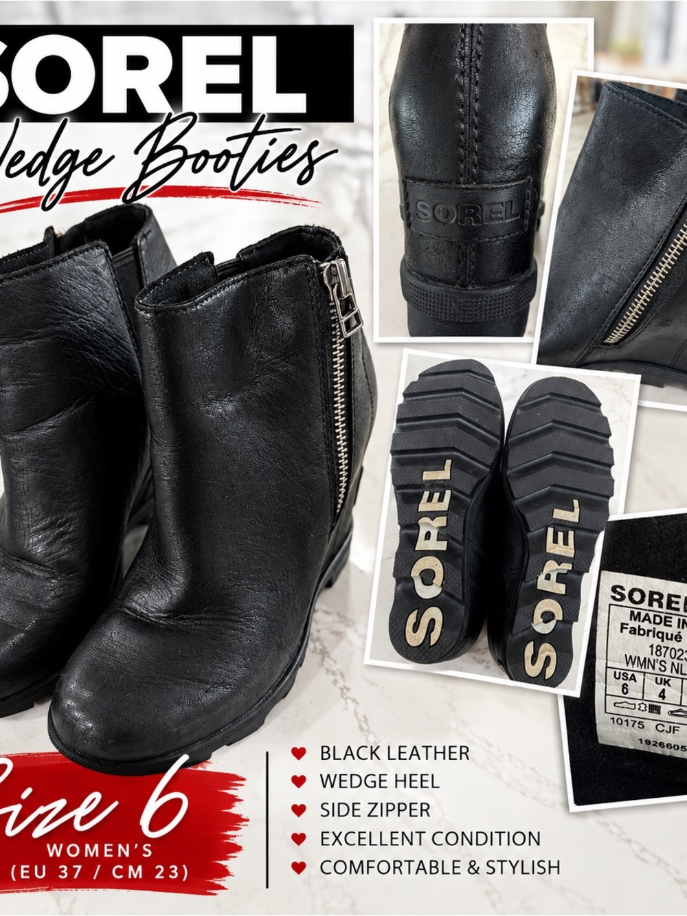 Sorel Black Leather Wedge Ankle Booties with Side Zipper